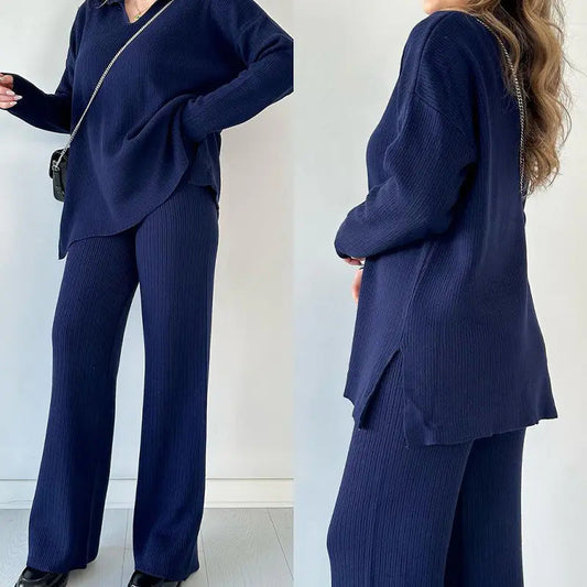 Winter V-Neck Casual Slit Knitted Two-Piece Set