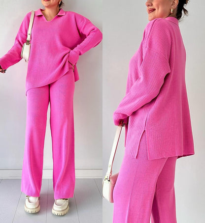 Winter V-Neck Casual Slit Knitted Two-Piece Set