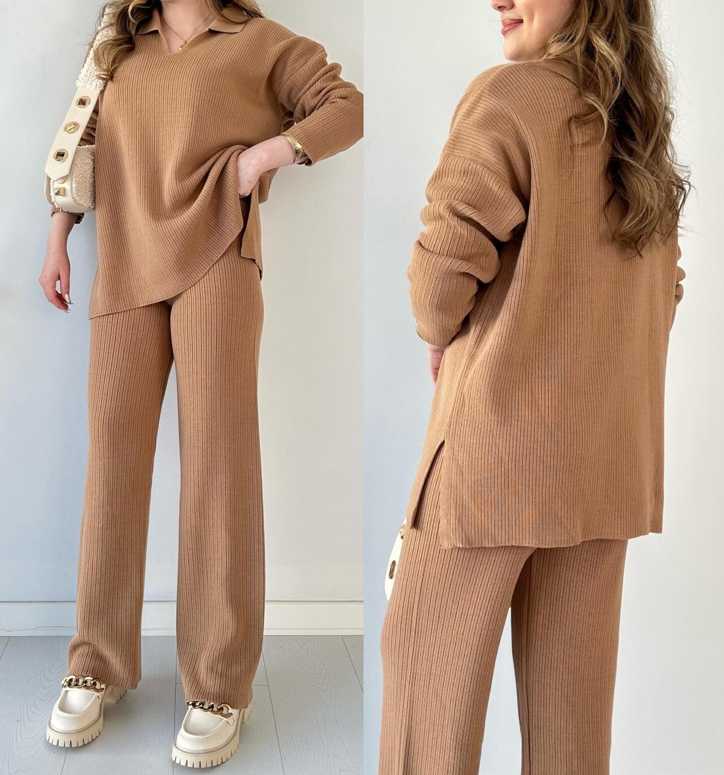 Winter V-Neck Casual Slit Knitted Two-Piece Set
